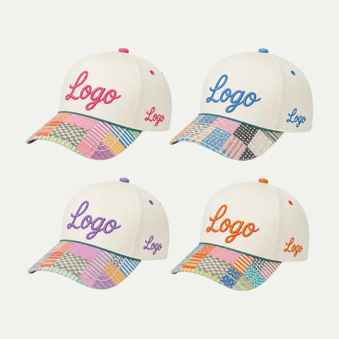 custom patchwork brim baseball caps in four color options