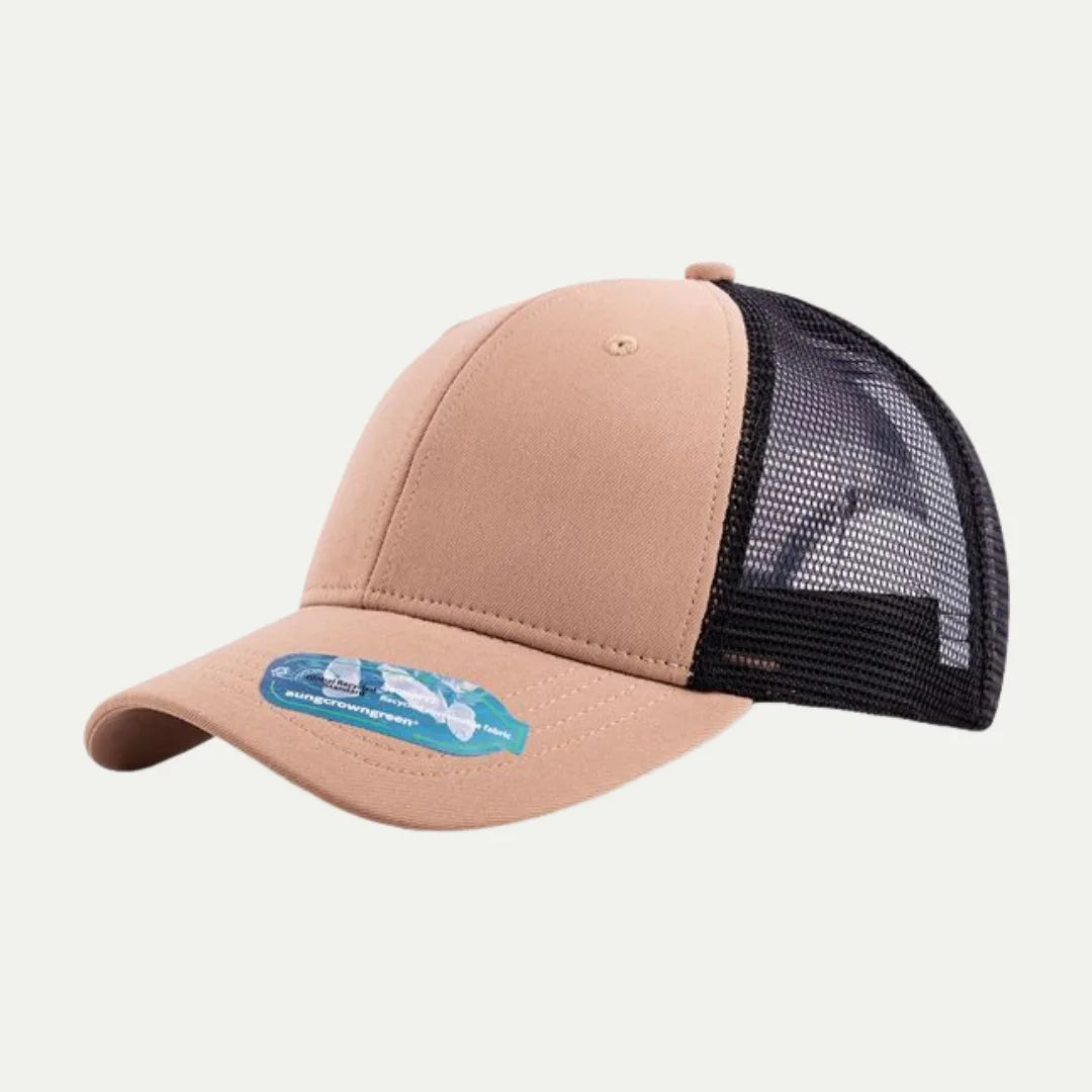 beige custom recycled mesh trucker hat side view