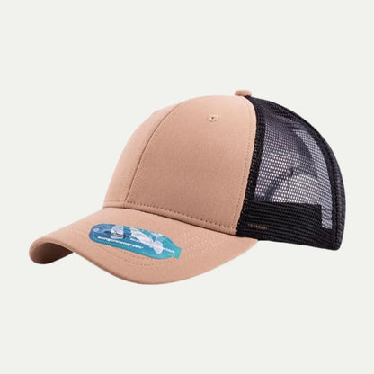 beige custom recycled mesh trucker hat side view