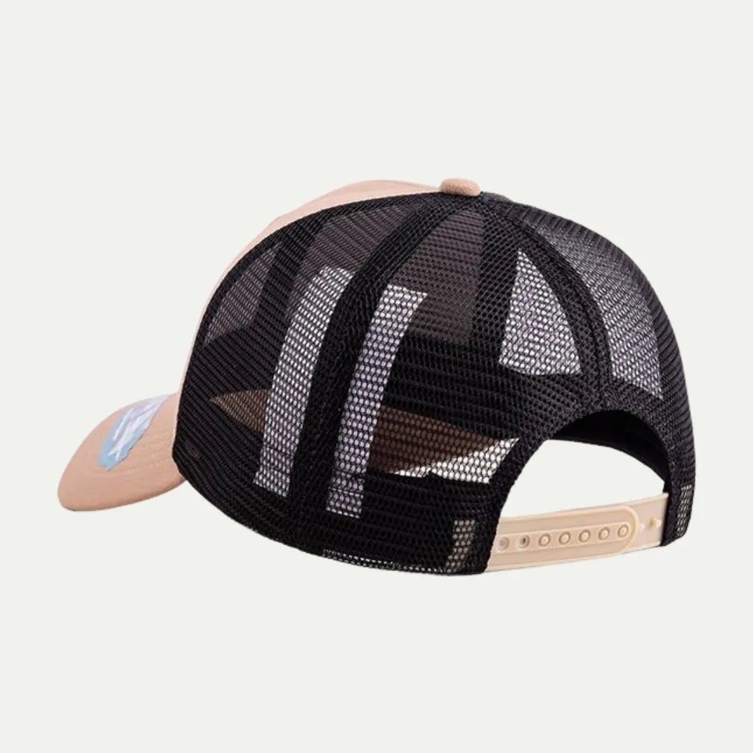 beige and black custom mesh trucker hat back view with adjustable closure