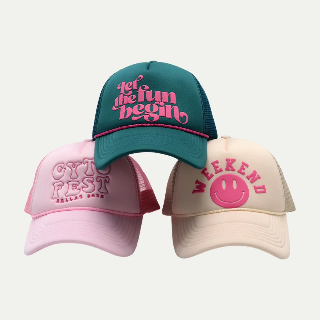 custom puff print mesh trucker hats in multiple color options