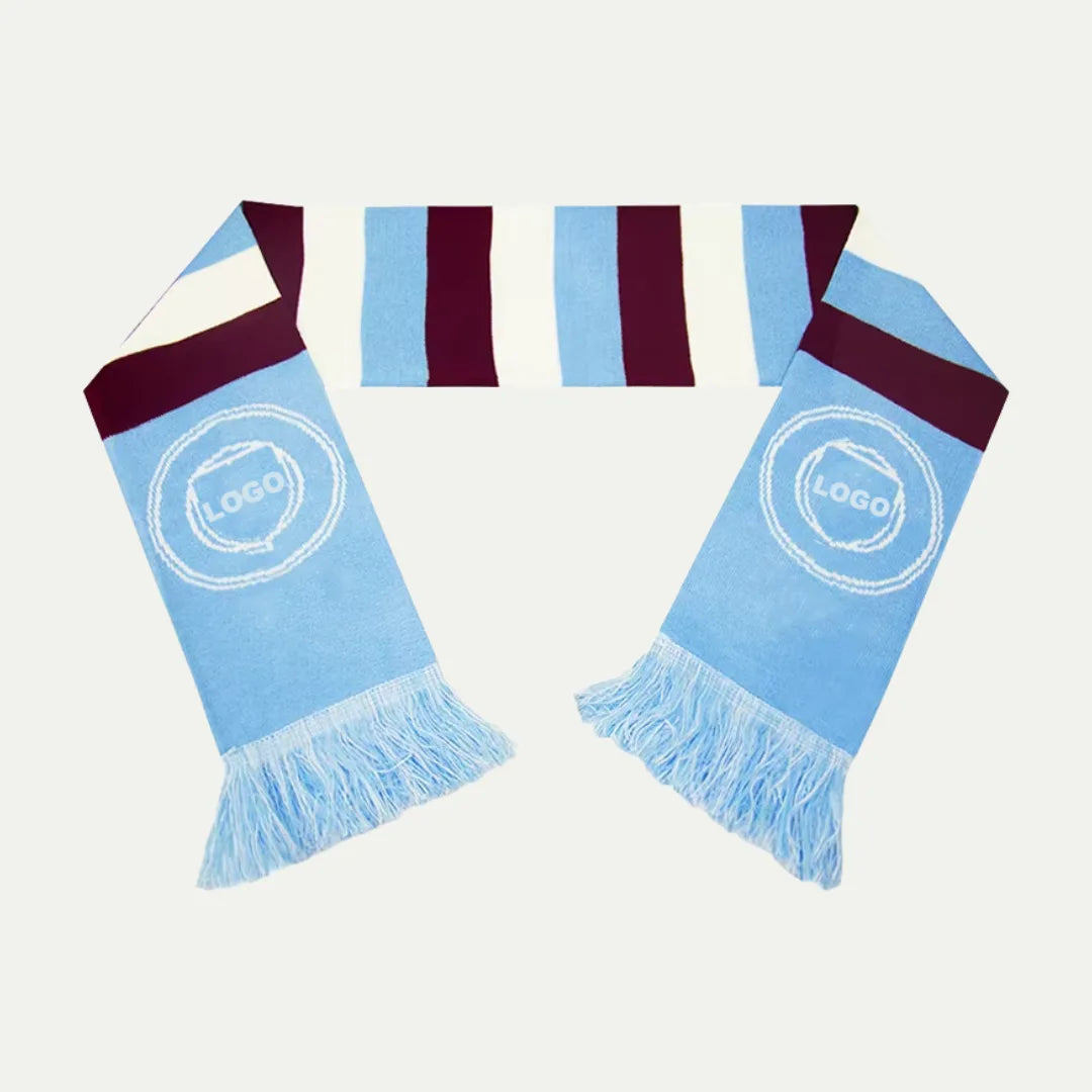 light blue custom striped team scarf with logo