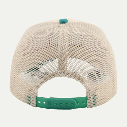 cream custom mesh trucker hat back view with green adjustable closure