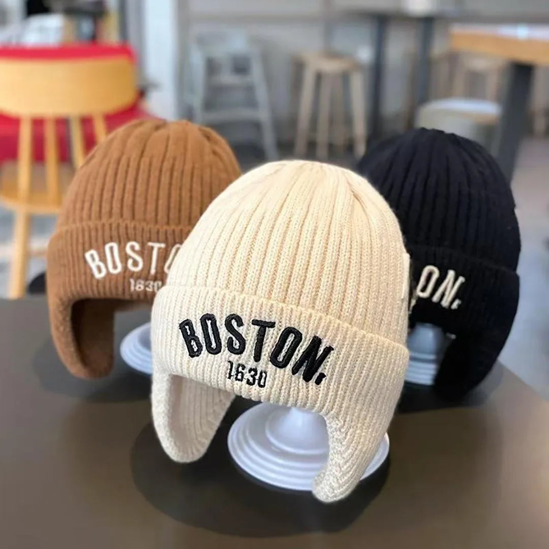 earflap beanies in different colors with rib knit pattern