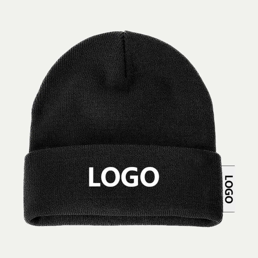 black ribbed cuffed knit beanie with folded brim and logo text on front