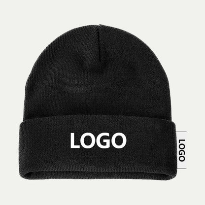 black ribbed cuffed knit beanie with folded brim and logo text on front