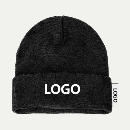 black ribbed cuffed knit beanie with folded brim and logo text on front