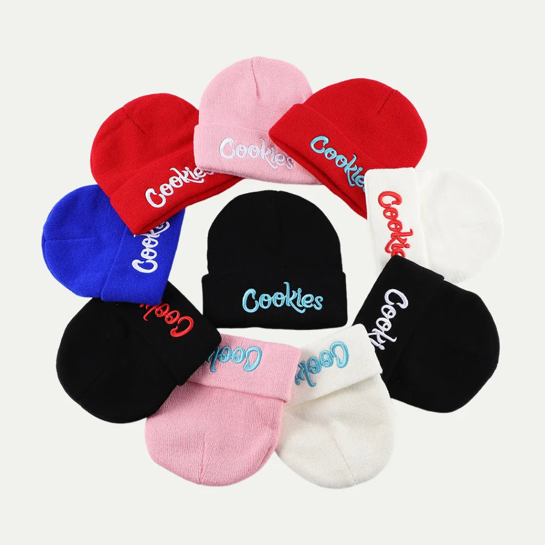 stacked ribbed cuff knit beanies in multiple colors with woven labels