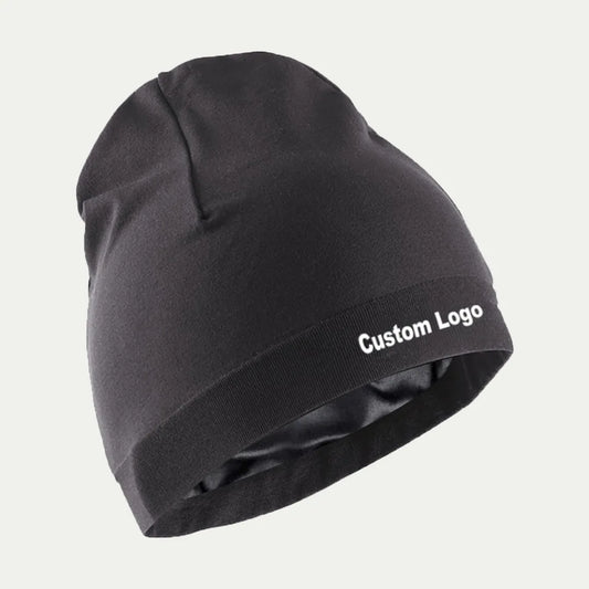 black satin lined cuffed beanie with custom logo on fold cuff