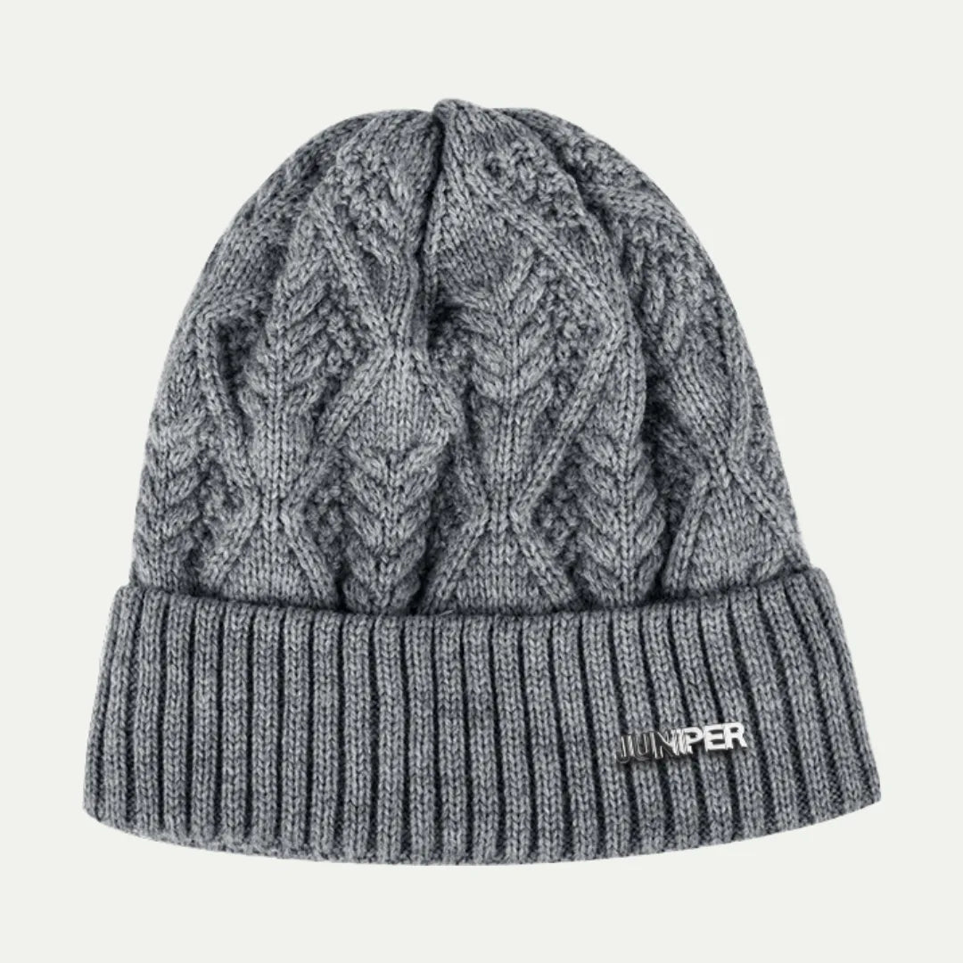 gray cable knit beanie with ribbed cuff and metal logo detail