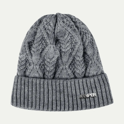 gray cable knit beanie with ribbed cuff and metal logo detail