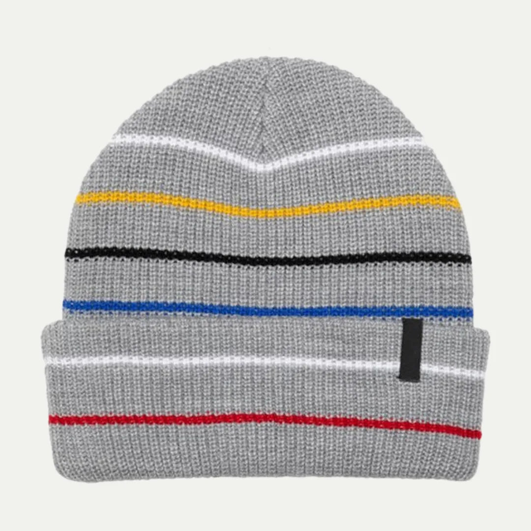 light gray striped cuffed beanie with thin color lines across the knit