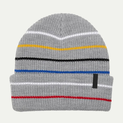 light gray striped cuffed beanie with thin color lines across the knit