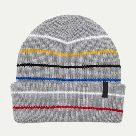 light gray striped cuffed beanie with thin color lines across the knit