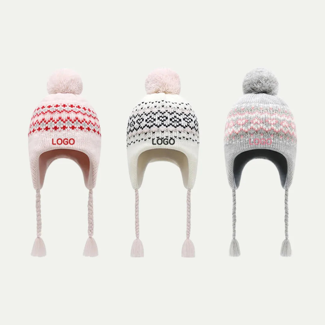 knit earflap beanies with pom in multiple colors