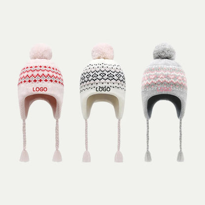 knit earflap beanies with pom in multiple colors