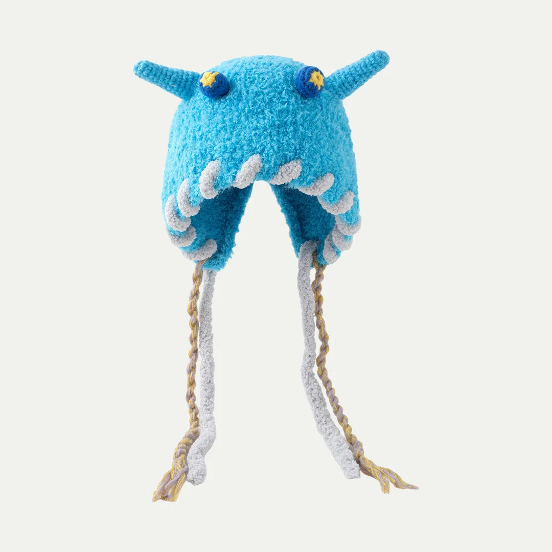 blue plush animal beanie with earflaps