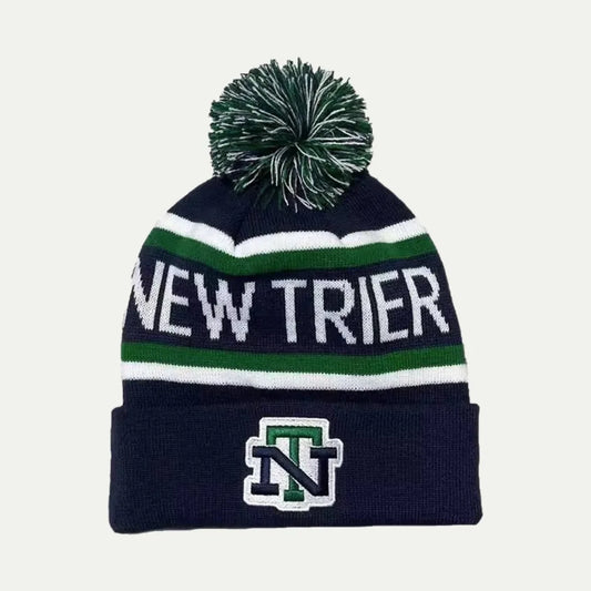 striped pom pom cuffed beanie with embroidered logo on front