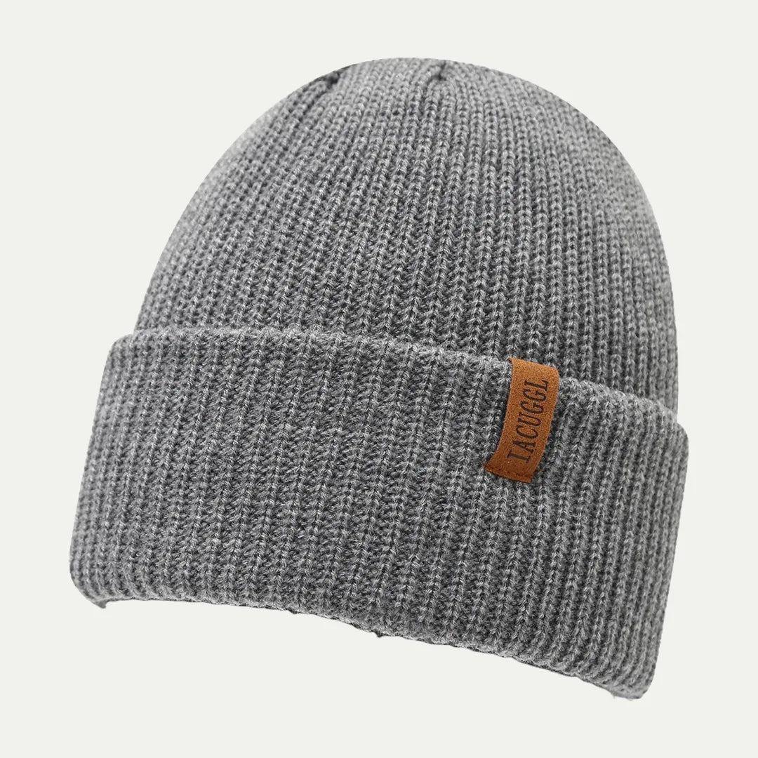 gray ribbed knit cuffed beanie with folded brim and side label