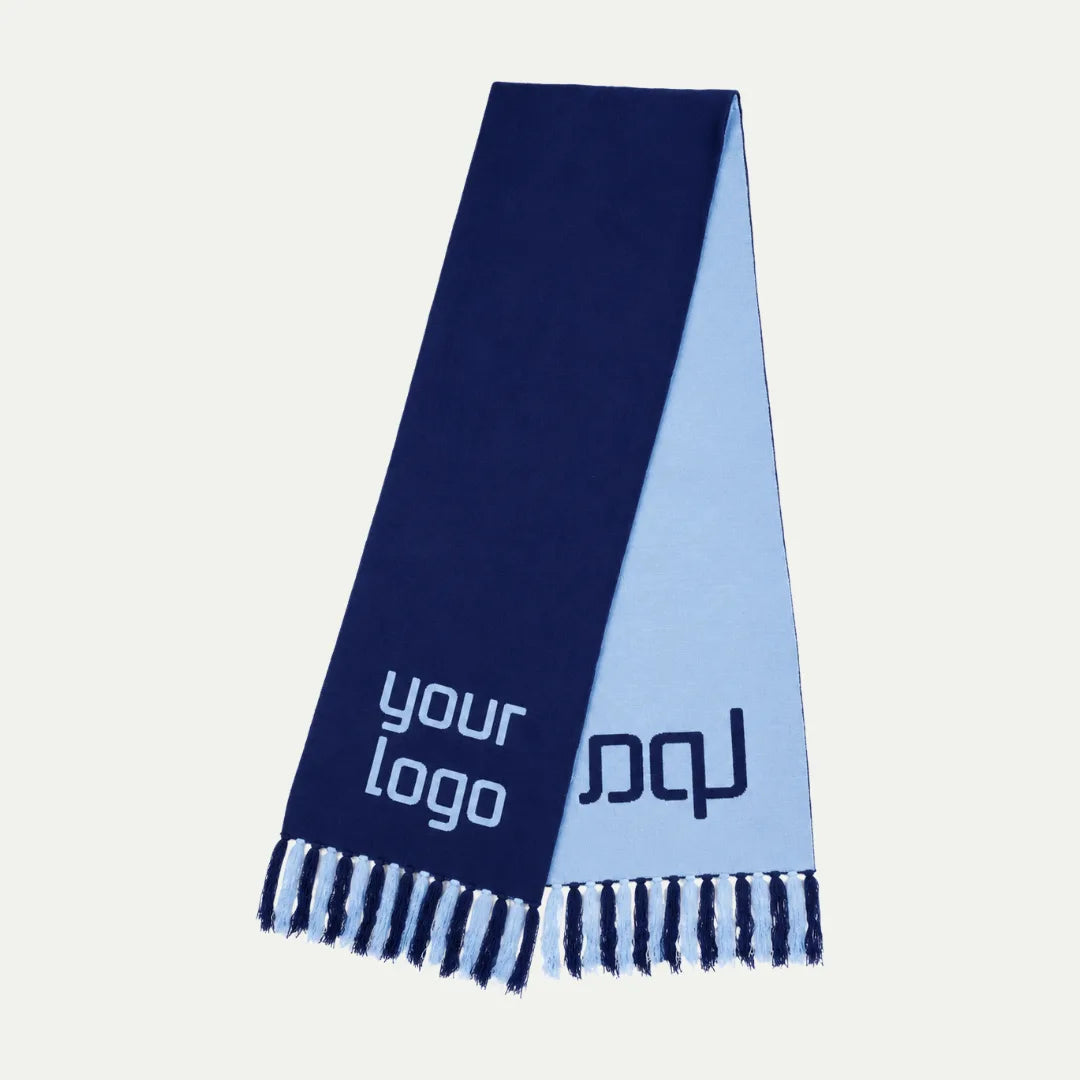 navy blue custom jacquard scarf with tassels