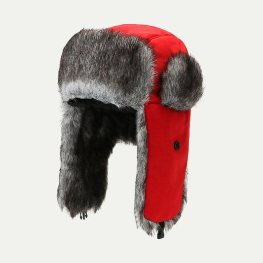 red earflap beanie with faux fur lining