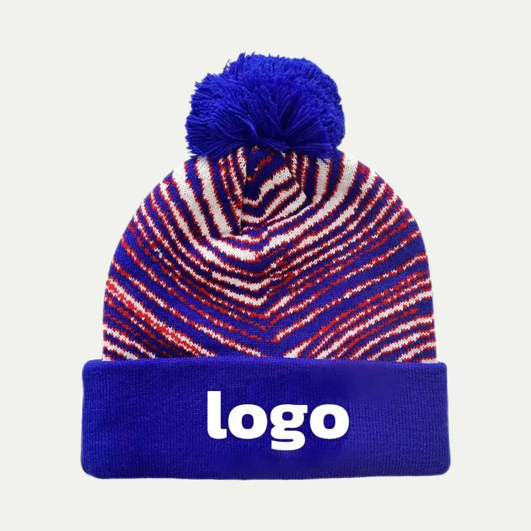 blue stripe pom beanie with custom logo knit hat