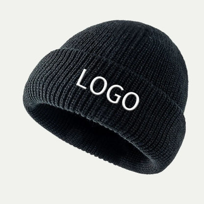 black short fisherman cuffed beanie with logo embroidery on front