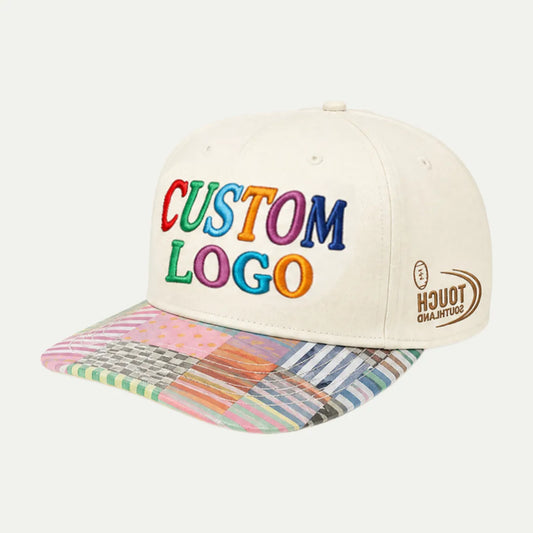 cream patchwork brim baseball cap with embroidered front logo