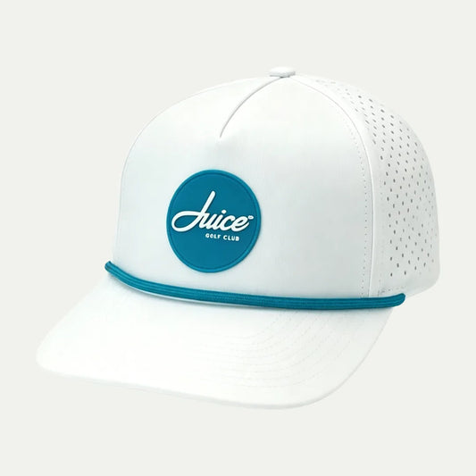 white rope golf baseball cap with teal round logo patch front angle