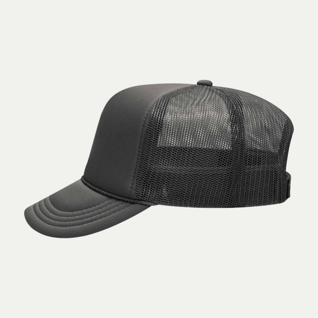 grey custom foam trucker hat side view with mesh back