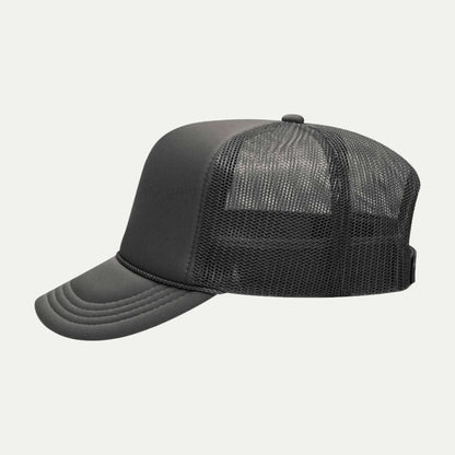 grey custom foam trucker hat side view with mesh back