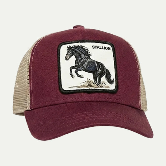 burgundy custom animal patch mesh trucker hat front view
