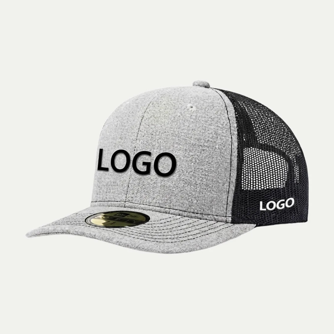 grey custom heather mesh trucker hat side view with logo