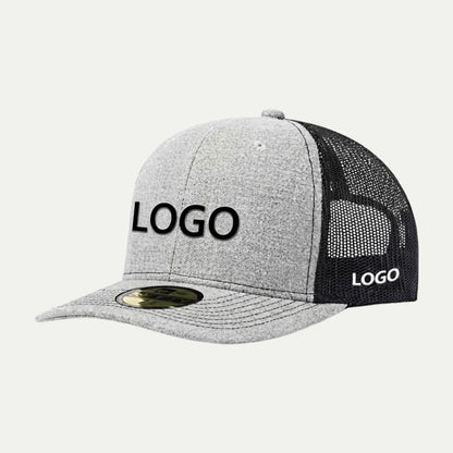 grey custom heather mesh trucker hat side view with logo