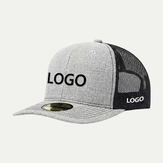 grey custom heather mesh trucker hat side view with logo