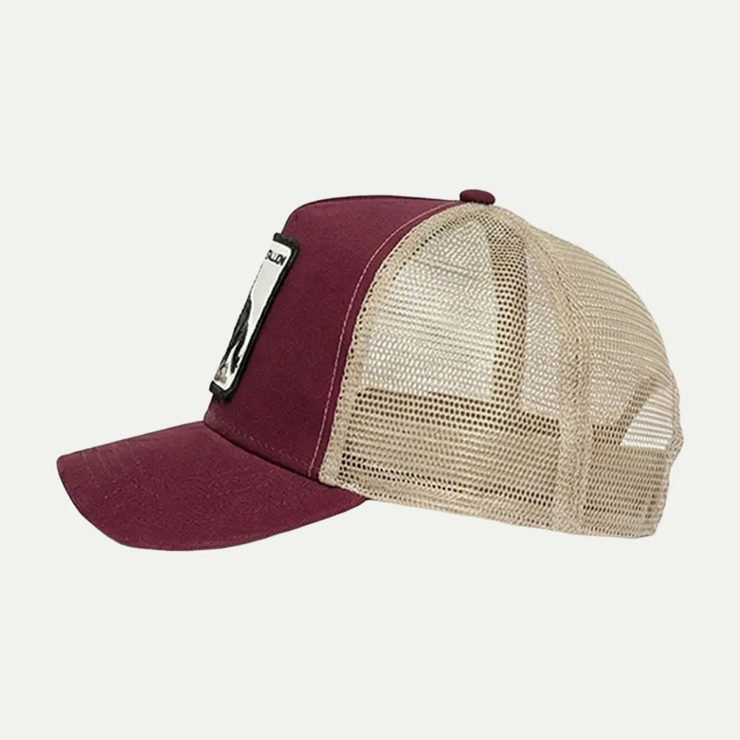 burgundy custom horse patch trucker hat side view with cream mesh