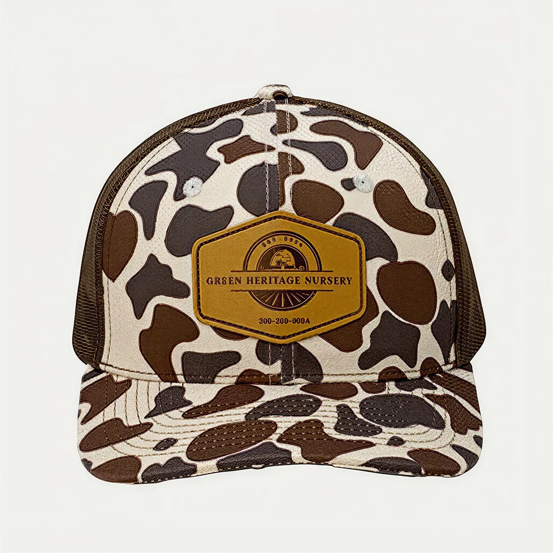 brown custom camo patch trucker hat front view