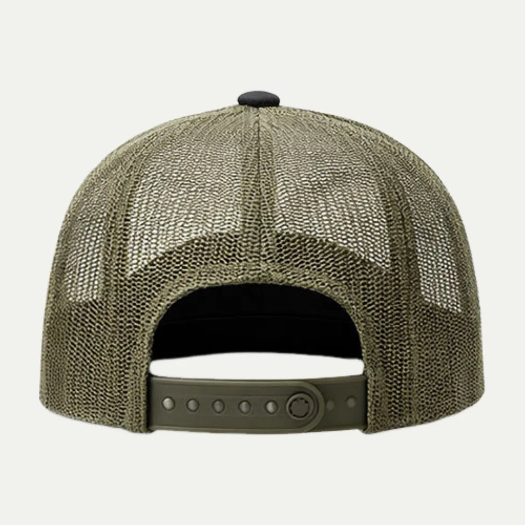 custom camo trucker hat back view with olive mesh and adjustable closure