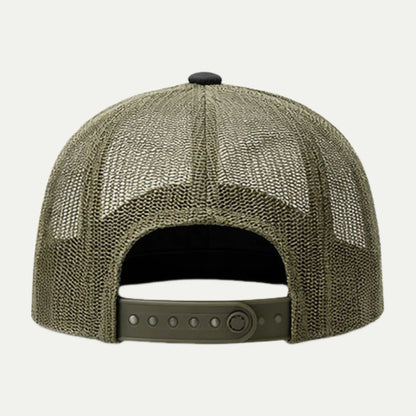 custom camo trucker hat back view with olive mesh and adjustable closure