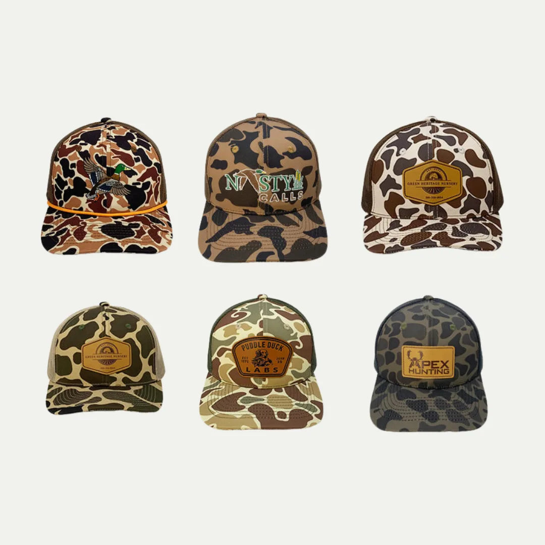 custom camo patch trucker hats in multiple color options