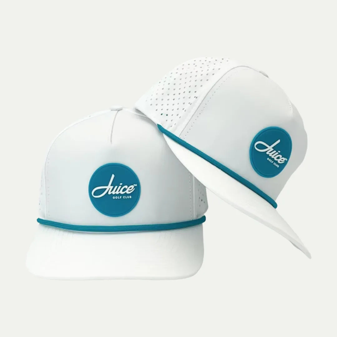 white rope golf baseball caps with teal logo patch product display