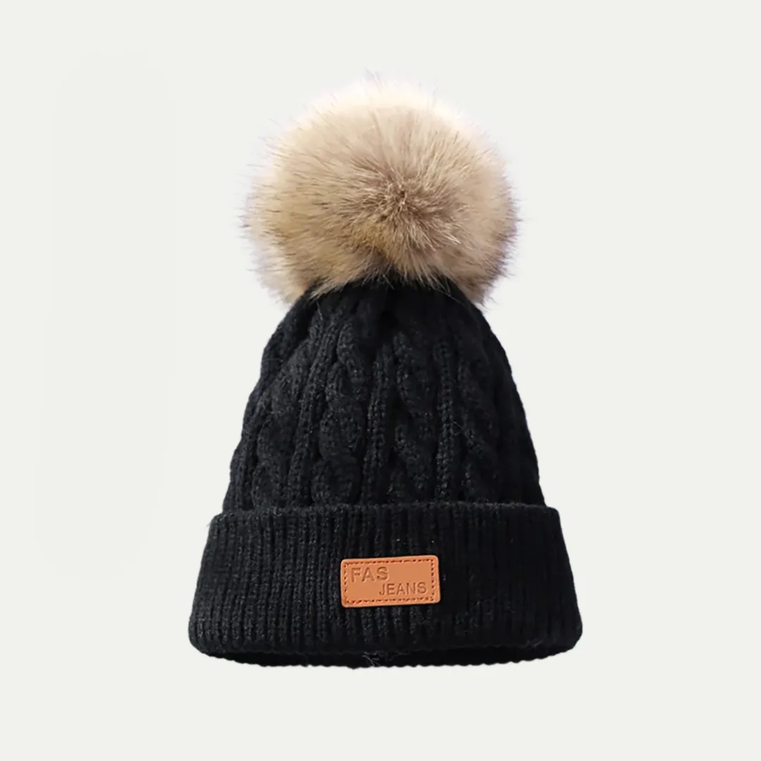 black cable knit pom beanie with faux fur