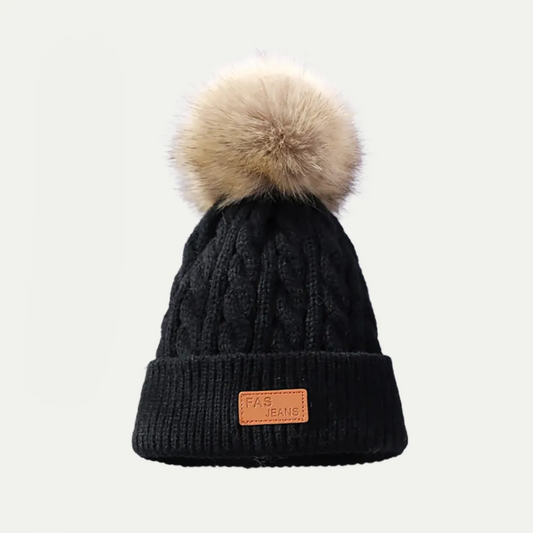 black cable knit pom beanie with faux fur
