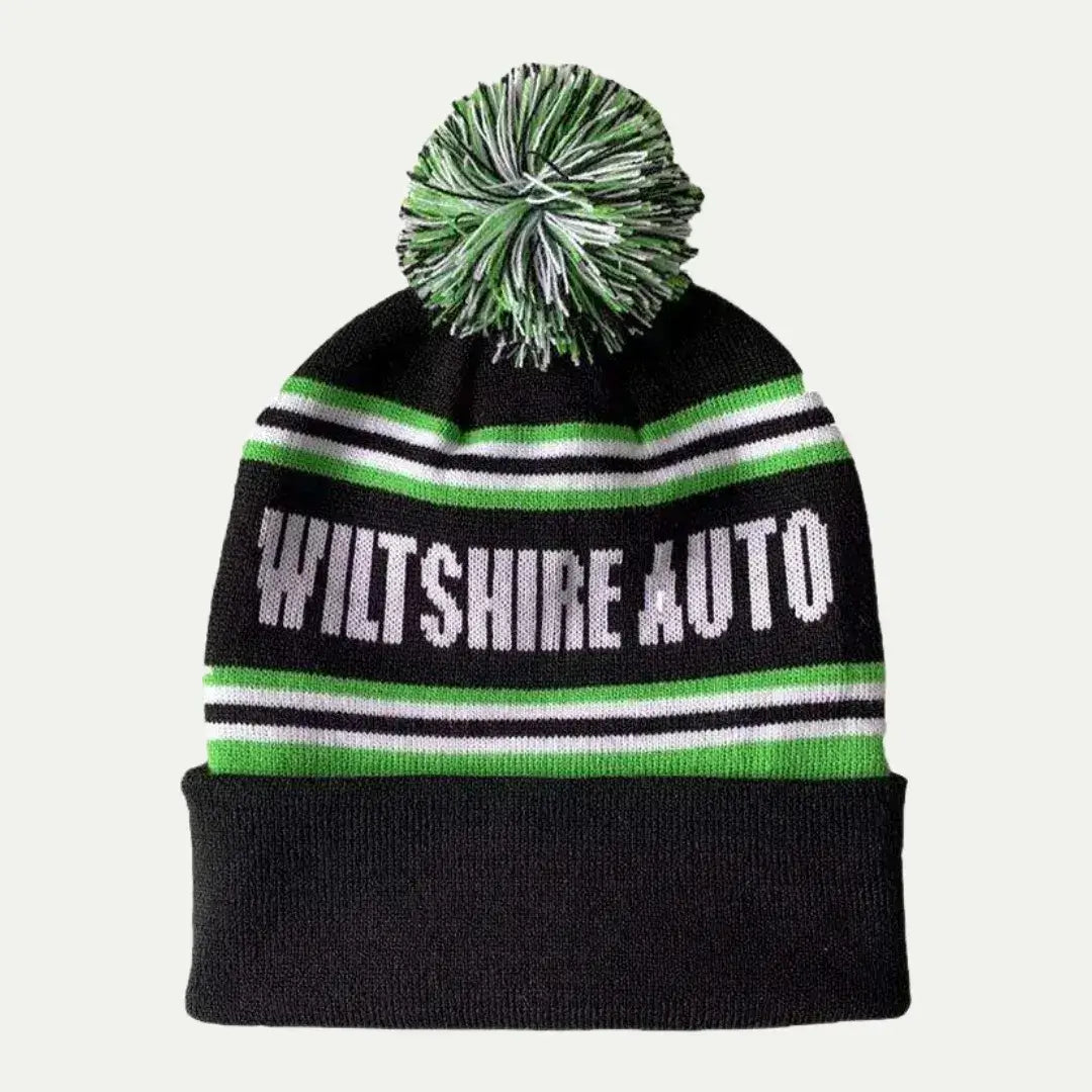 embroidered pom beanie black green logo
