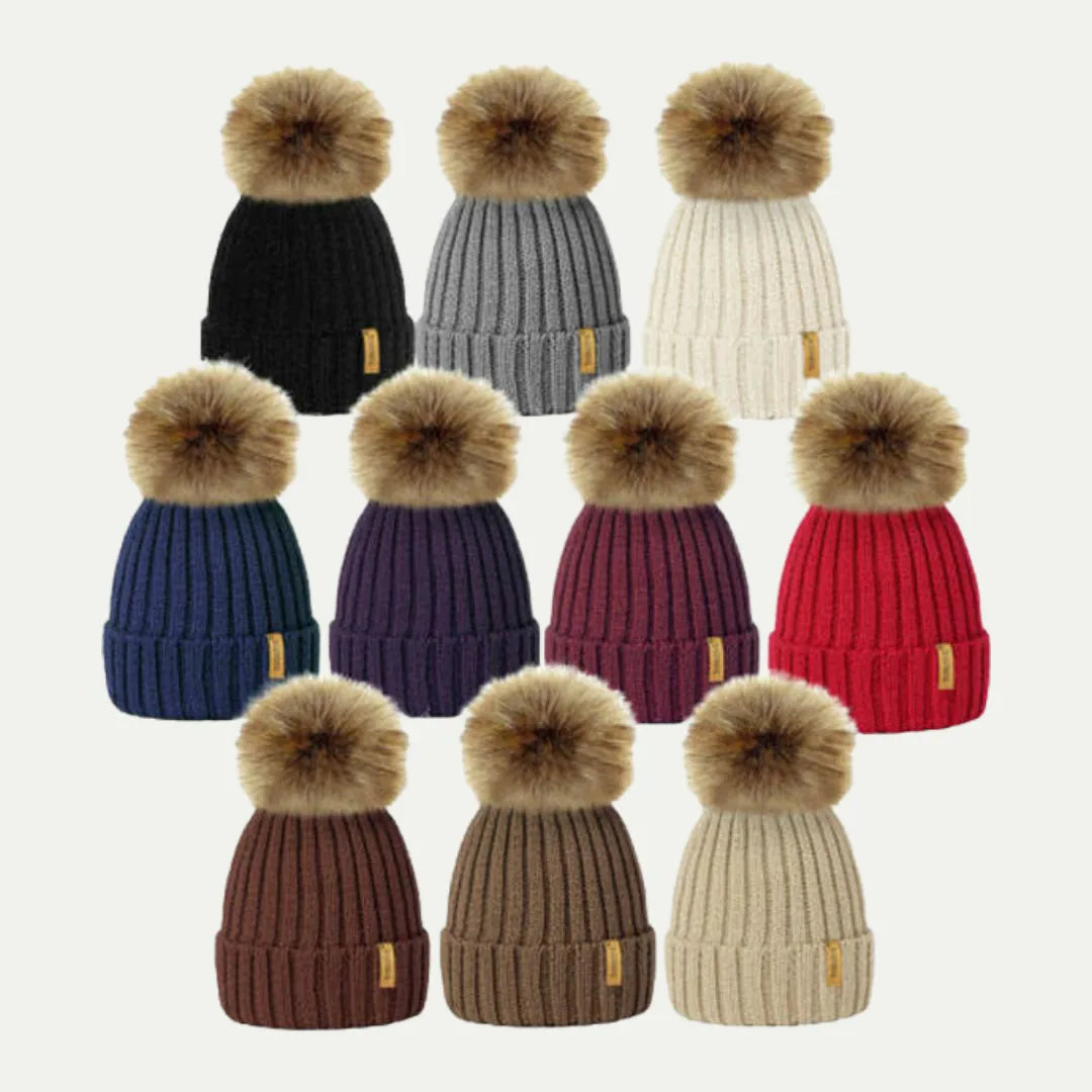 multicolor ribbed pom pom beanies with faux fur