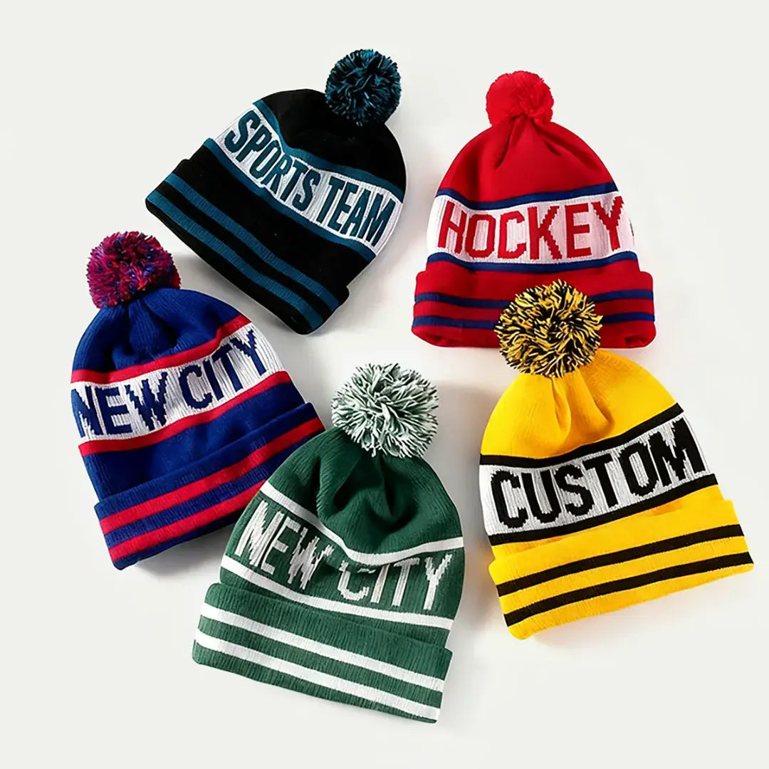custom pom pom beanies jacquard logo team colors