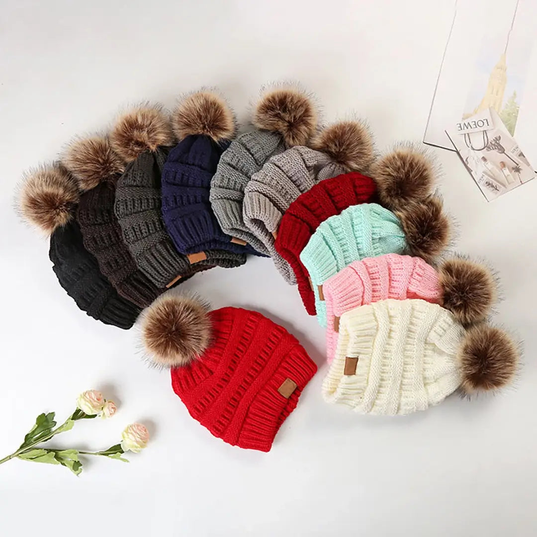 assorted sherpa lined pom pom beanies with faux fur