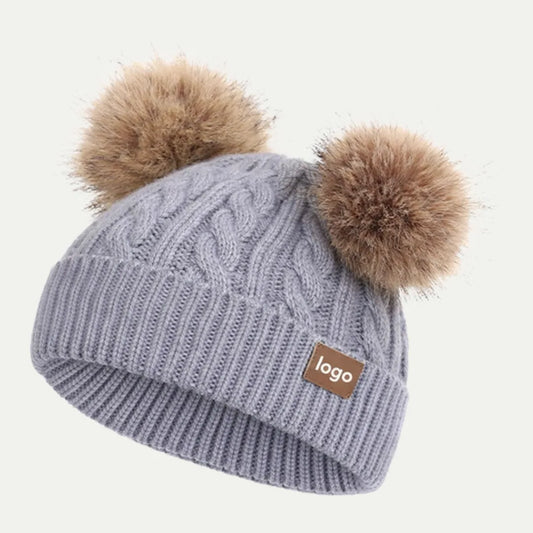 double pom beanie cable knit gray