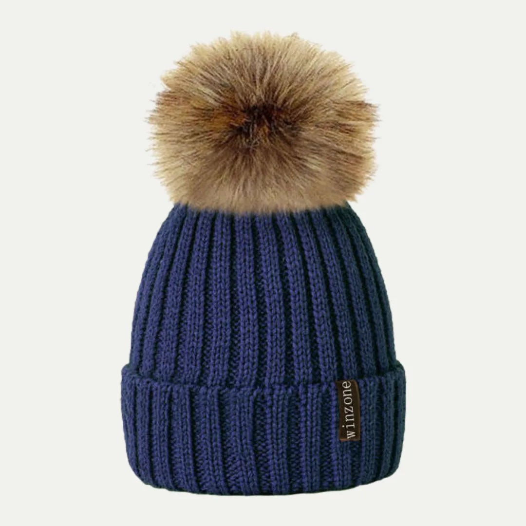 navy ribbed knit pom pom beanie with faux fur