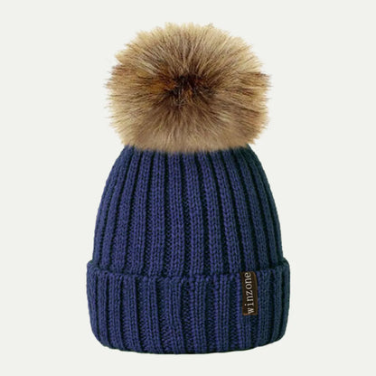 navy ribbed knit pom pom beanie with faux fur